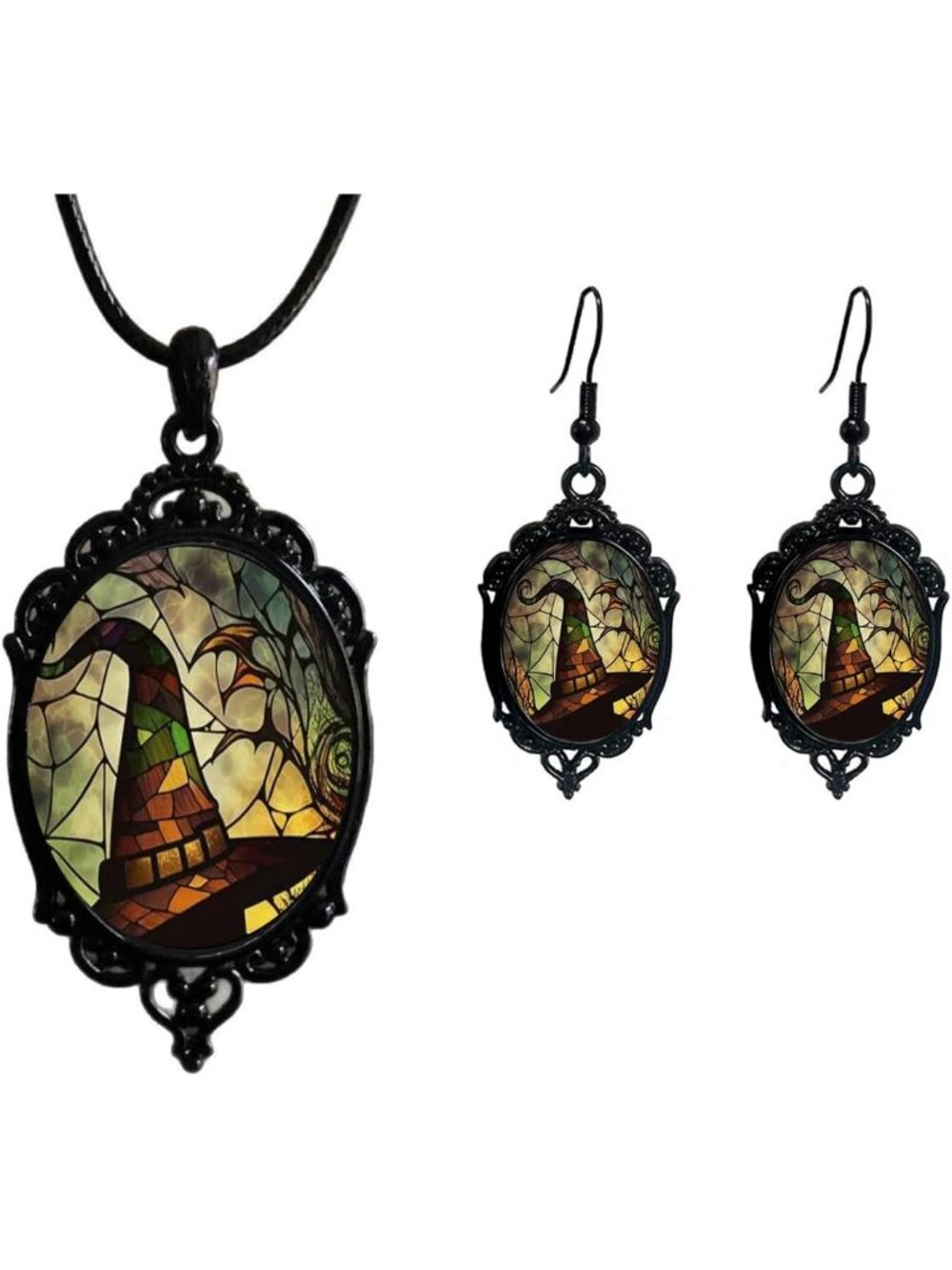 Vintage Gothic Raven Bat Witch Jewelry Set Cameo Necklace Earrings-C2:Witch